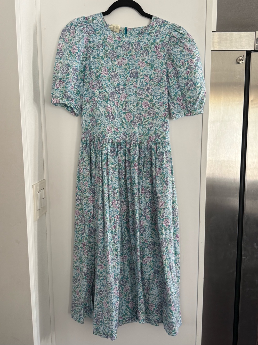 Laura Ashley Mint Floral Puff-Sleeve Midi Dress with Lavender Accents